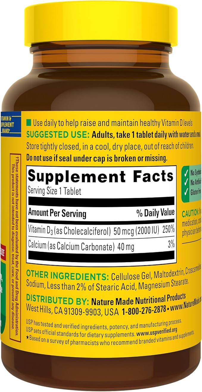 Nature Made Vitamin D3 2000 IU (50 mcg), Vitamin D Supplement for Bone, Teeth, Muscle and Immune Health Support, 220 Tablets, 220 Day Supply