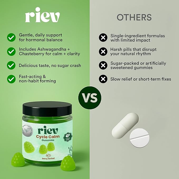 riev Cycle Calm Gummies – Berry Herbal Flavor – Sugar-Free – Hormonal Balance & Mood Support for Women – Supports Focus & Emotional Wellness – Vegan, Non-GMO – 30 Gummies