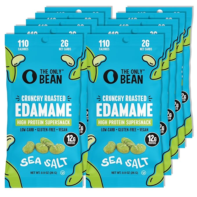 The Only Bean Crunchy Dry Roasted Edamame Snacks (Sea Salt), Healthy High Protein(11g) Keto Food, Low Carb Gluten Free Office Vegan Food 100 Calorie Snack Pack, 0.9oz 10 Pack