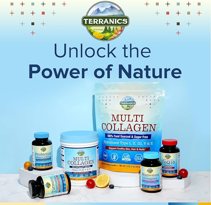 Terranics Multi Collagen Peptides Powder, 1lb, 20g Per Serving, Hydrolyzed Collagen Type I II III V X, Bovine Marine Chicken & Eggshell, No Sugar, Keto, Beauty & Movements Support, Unflavored, 16oz