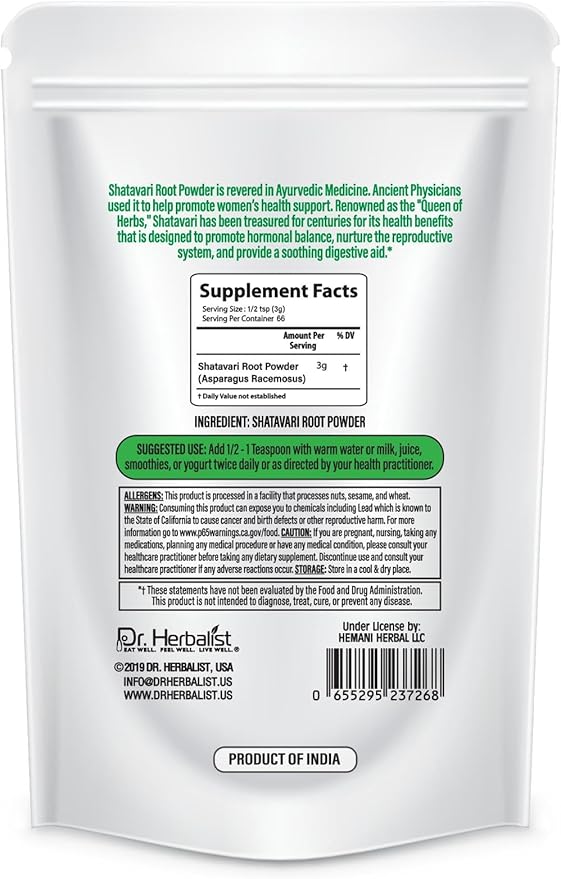 Dr. HERBALIST Shatavari Powder, Asparagus racemosus, 7.1 Oz (200G), Ayurvedic Herb for Vata & Pitta, Balanced Female Health Support, Vitality, Non-GMO, Vegan, Resealable Bag