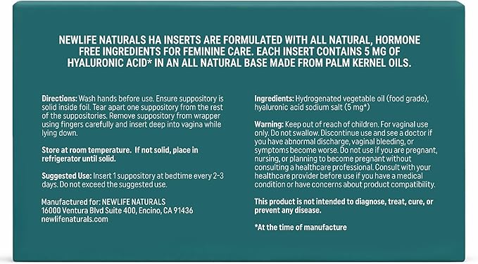 NewLife Naturals Hyaluronic Acid Vaginal Suppositories for Women 5 MG - Vaginal Moisturizer Hydration Moisture Support, Menopause - 12 HA Inserts- 30 Day Supply USA