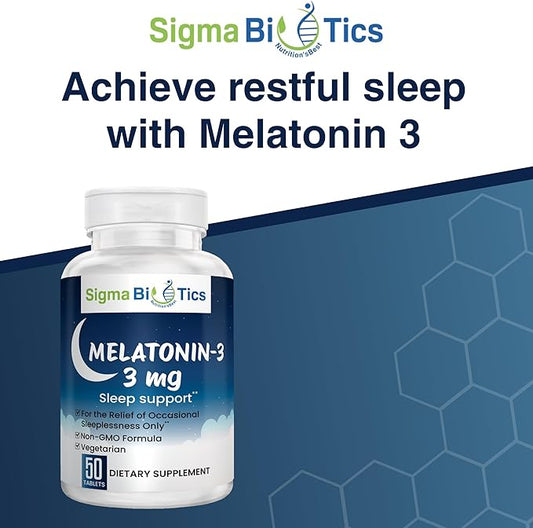 Sigma Biotics Melatonin 3mg Chewable Tablets - Sleep Supplement for Optimum Rest & Sleep-Wake Cycle - Non-GMO Melatonin Pills - Ideal for Occasional Sleeplessness - 3mg Dose, 50 Tablets