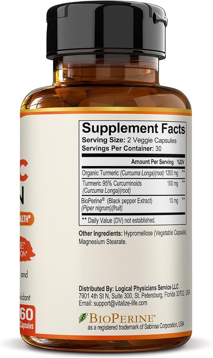 Organic Turmeric Curcumin Supplement Capsules – Made in USA – Extra Strength with BioPerine and 95% Curcuminoids for Joint Health and Healthy Inflammation Support – 60 Vegan Pills