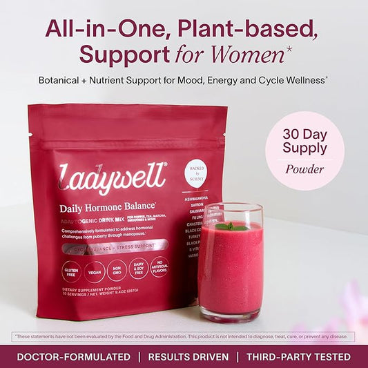 Ladywell Daily Hormone Balance Powder | Natural Cycle Support for Women | Supports Mood, Bloating, Cramps, Skin Health & Cravings with Chasteberry, B Vitamins, Ashwagandha, Saffron + | 30 Servings