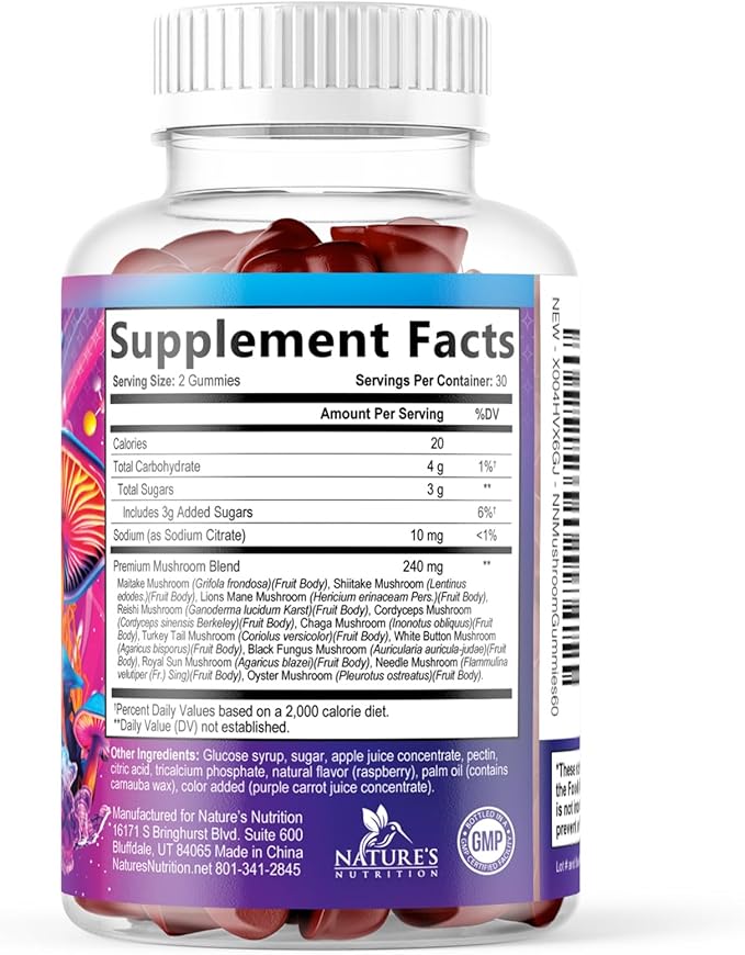 Mushroom Gummies Supplement 12 in 1 - High Grade Blend for Adults with Lions Mane, Reishi, Cordyceps, & Chaga Mushroom Complex Gummy, Memory & Immune Support & Nootropic Brain Supplements - 60 Gummies