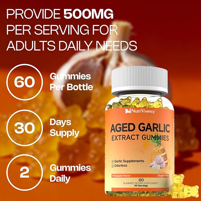 Aged Garlic Extract Gummies, 500mg Odorless Aged Garlic Supplements, Sugar Free, Vegan, Non-GMO, Pineapple Flavor, 60 Gummies