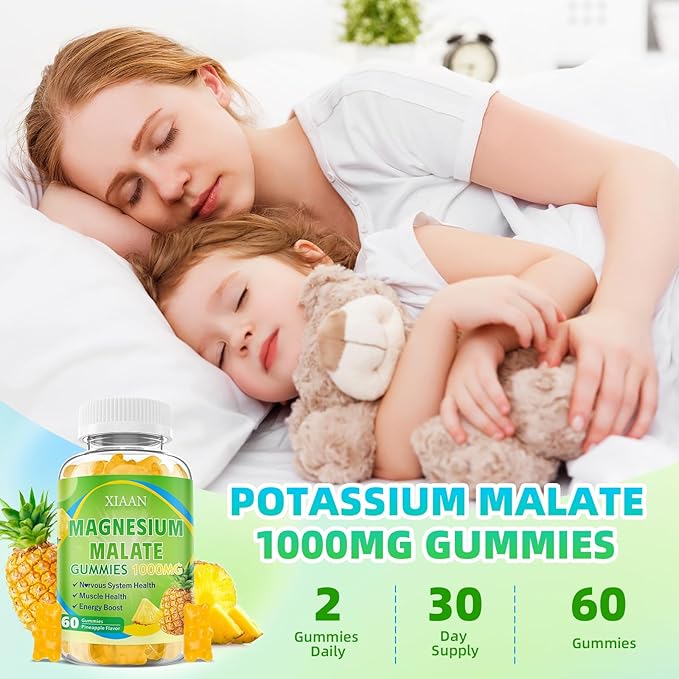 Magnesium Malate Gummies 1000mg, Chewable Magnesium Malate Supplements with CoQ10, L-Theanine & Vitamin B6 for Energy Boost & Muscle Health, Sugar-Free/Vegan, Pineapple Flavor 120 Count