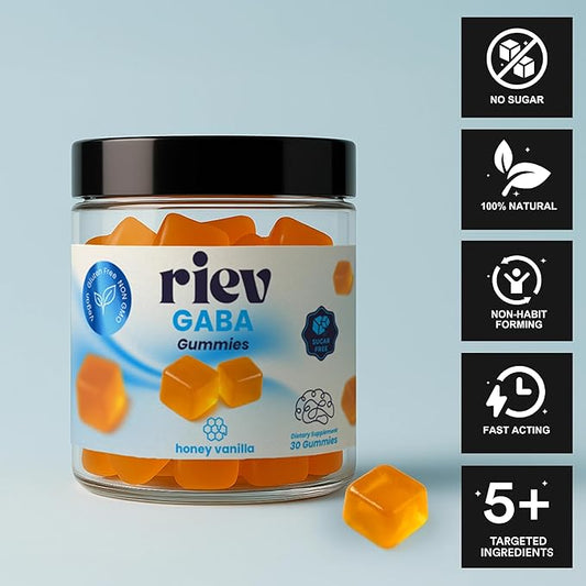 riev GABA Gummies – Honey Vanilla Flavor – with Vitamin B6, Magnesium, Chamomile, Lemon Balm & L-Theanine – Vegan, Sugar-Free, Non-GMO – Nighttime Relaxation Support – 30 Gummies