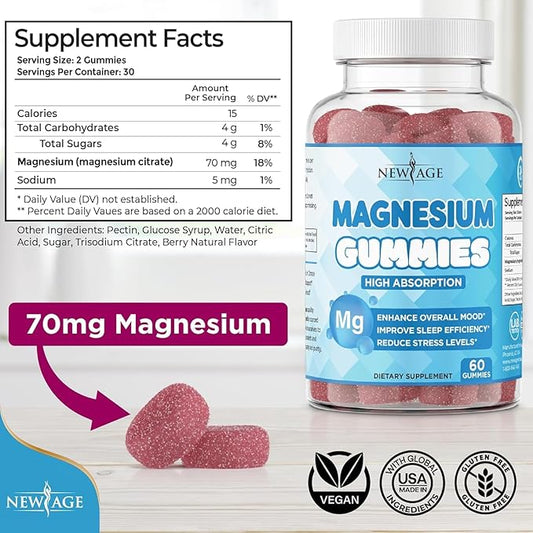 Magnesium Gummies - Calming Anti-Stress Gummies, Magnesium Supplement for Adults and Kids, Vegan, Gelatin-Free, Gluten-Free, Non-GMO, Delicious Natural Raspberry Flavor- 60 Count - by New Age