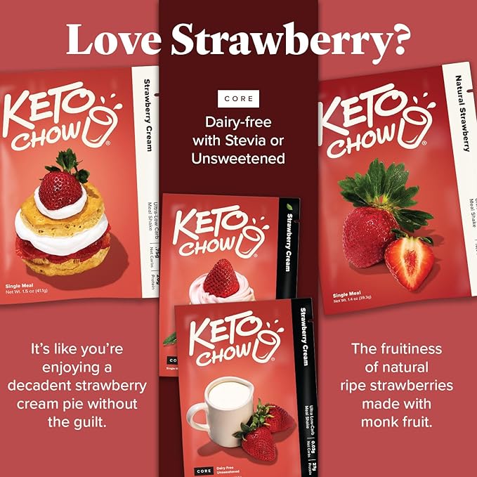 Keto Chow Strawberry Cream - Keto Meal Replacement Shake Powder - Nutritionally Complete - Low Carb - Delicious Easy Meal Substitute - Protein Rich You Choose The Fat - Single Meal Sample