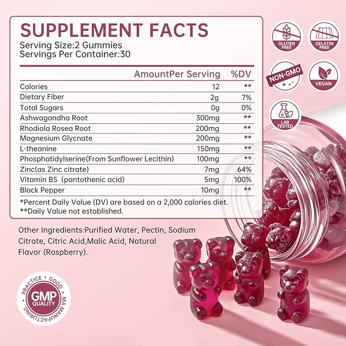 Cortisol Supplement for Women,cortisol manager Gummies,with rhodiola rosea,l-theanine,Phosphatidylserine,magnesium ashwagandha - Emotional support, adrenal balance, sleep, raspberry flavor, 60 Count