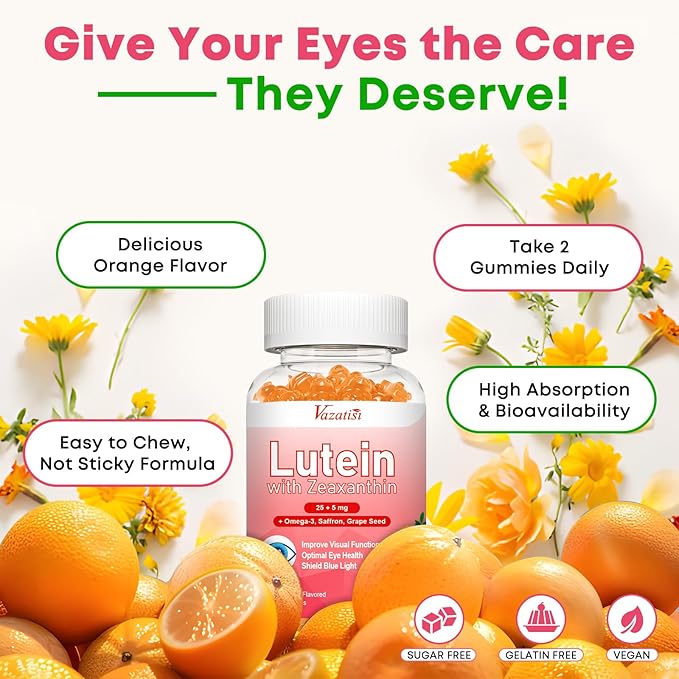 Lutein and Zeaxanthin Supplements Gummies, Advanced Eye Vitamin Supplement with Bilberry, Saffron, Grape Seed, Omega 3 for Macular Health, Dry Eye, Visual Function - Orange Flavor, 60 Count