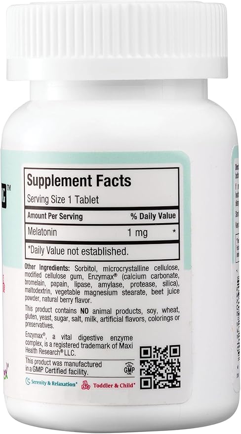 Maxi Health Melatonin 1mg Chewable - Sleep aid Melatonin to Encourage Natural Sleep – Non-Habit Forming Supplement with Enzymax for Fast-Acting Support Kosher (100 Units)
