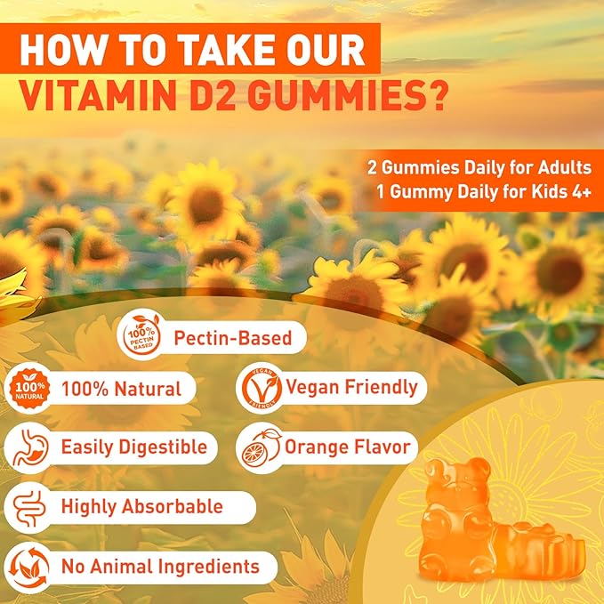 duwhot Vitamin D2 Gummies 2000 IU, Plant-Based D2 Vitamin Supplement from Whole Mushroom, Immune Support, Daily Sunshine Supply,Vegan, Non-GMO, Orange, 120