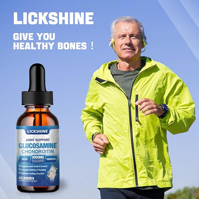 lickshine 1 Pack Glucosamine Chondroitin MSM Liquid Drops - Extra Strength Joint Support Supplement for Adults with Quercetin Boswelia, Bromelain, Hyaluronic Acid, Antioxidant Immune Support (2 Fl oz)