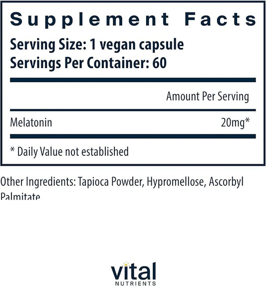 Vital Nutrients Melatonin 20mg - Vegan - Sleep Supplement to Support the Body's Natural Sleep Cycle* - Gluten, Dairy, Soy Free - 60 Capsules