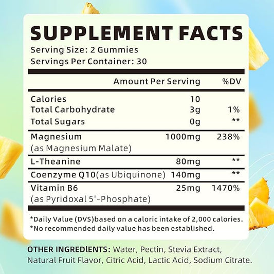 Magnesium Malate Gummies 1000mg, Chewable Magnesium Malate Supplements with CoQ10, L-Theanine & Vitamin B6 for Energy Boost & Muscle Health, Sugar-Free/Vegan, Pineapple Flavor 60 Count