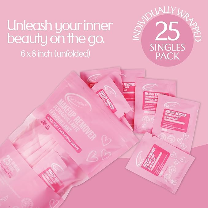 Air Jungles Makeup Remover Wipes Singles 25 Count (Pack of 2), Extra Large 6" x 8", Fragrance-Free, Removes Makeup and Oil, Ultra-Soft Cleansing Wipes, Alcohol Free