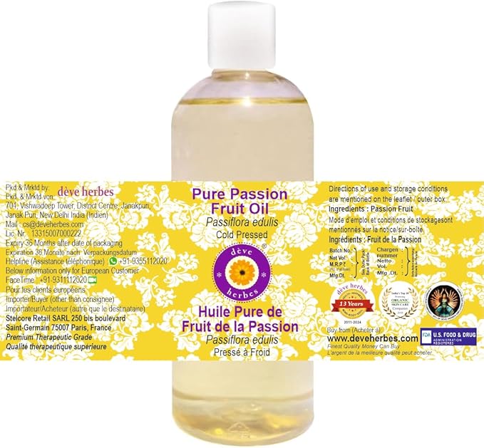 Deve Herbes Pure Passion Fruit Oil (Passiflora edulis) Cold Pressed 200ml (6.76 oz)