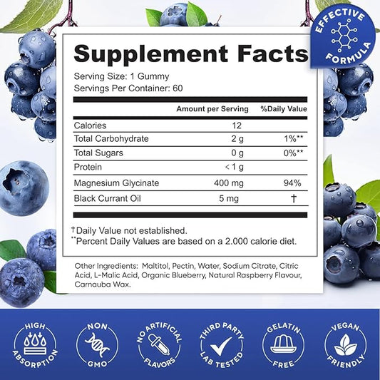 Blueberry Flavor Magnesium Glycinate Gummies 400mg – High Absorption Supplement for Adults and Kids, Sugar Free, Gelatin Free, Vegan Friendly, 60 Day Supply (60, Blueberry)
