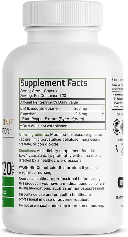 Bronson DIM Supplement 200 MG Diindolymethane with BioPerine for Enhanced Absorption, Estrogen Metabolism & Maintains Balanced Hormone Levels, 120 Vegetarian Capsules