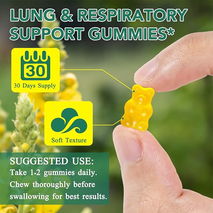 Mullein Gummies for Lung Detox, 2000mg Mullein Leaf Extract for Respiratory & Digestive & Immune Support, Organic Mullein Herb Supplement for Mucus Relief for Respiratory, Immune, Vegan 60 Gummies