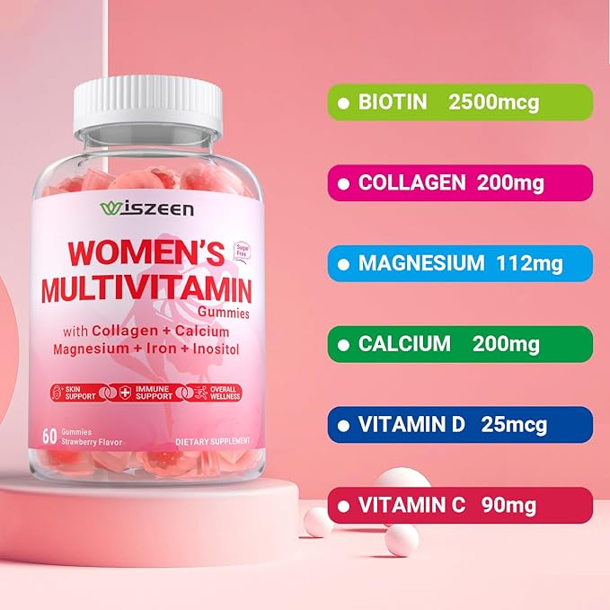 Sugar Free Methylated Multivitamin for Women Gummies, Biotin, Collagen, Calcium, Magnesium, Inositol, Folate, Iron, Vitamin A, C, D, E - Womens Vitamins for Energy, Immune, Bone, Skin, Hair