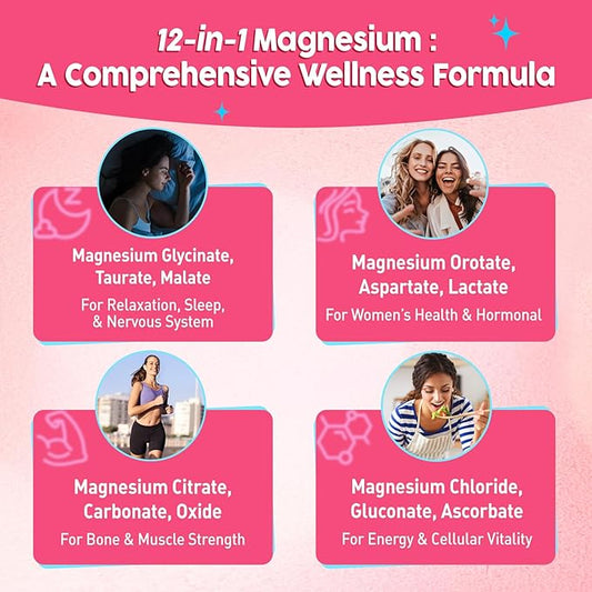 12-in-1 Magnesium Complex Gummies for Women, 1000mg Liposomal Magnesium Glycinate Citrate Malate Oxide Supplement with D3, Methylated B6&12, Zinc for Relax, Sleep, Bone, Muscle Health, Vegan, 60 Chews