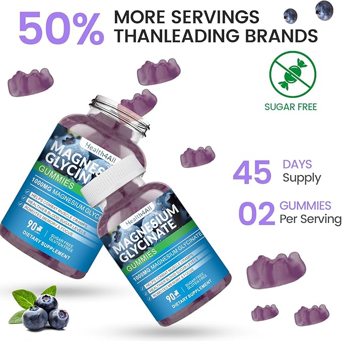 Magnesium Glycinate Gummies 1000mg, High Absorption Sugar Free Magnesium Potassium Supplement for Relaxation, Stress Relief, and Sleep Support for Adults & Kids - 180 Blueberry Gummies