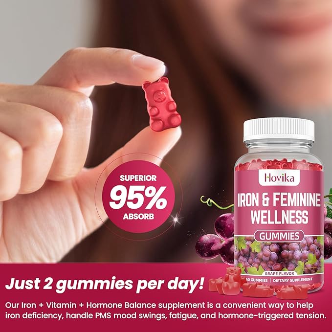 Iron & Hormone Balance for Women Gummies, 40mg Iron Supplement Anemia with multivitamin for Women, Zinc, Selenium, Iodine - for Iron Deficiency - Natural Hormonal Support for PMS, Vegan 60 Count