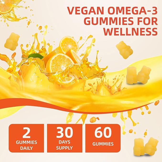 2 Pack Omega-3 Gummies Vegan 1200mg, EPA and DHA Omega-3 Fatty Acids with Folate, Vitamin A, Vitamins C & E, High Potency Omega 3 Supplements for Immune Support, 120 Count