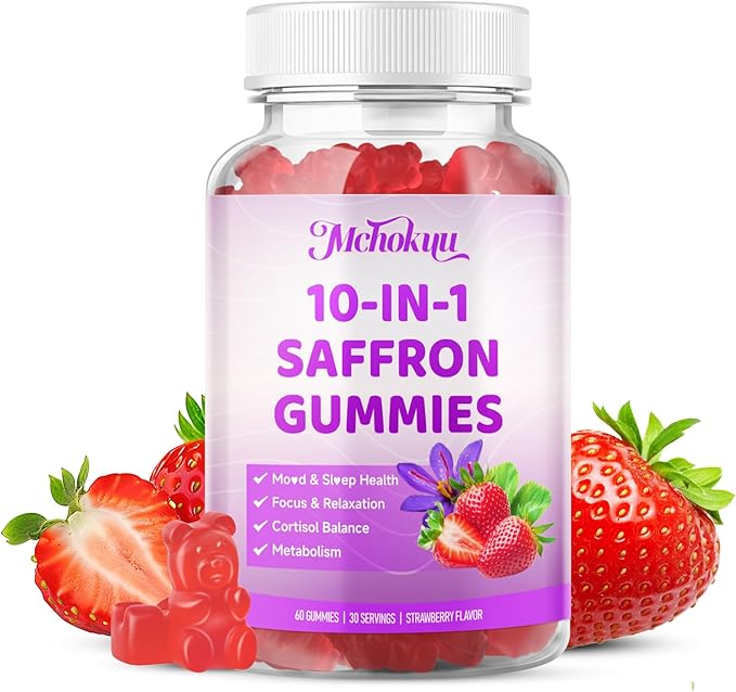 Saffron Supplements Gummies for Kids & Adults Vision, Zzz, Focus & Cortisol with Ashwagandha, L-Theanine, Rhodiola Rosea, St.John's Wort, Lemon Balm, Vitamin D3, B6, Magnesium & Zinc, Strawberry, 120