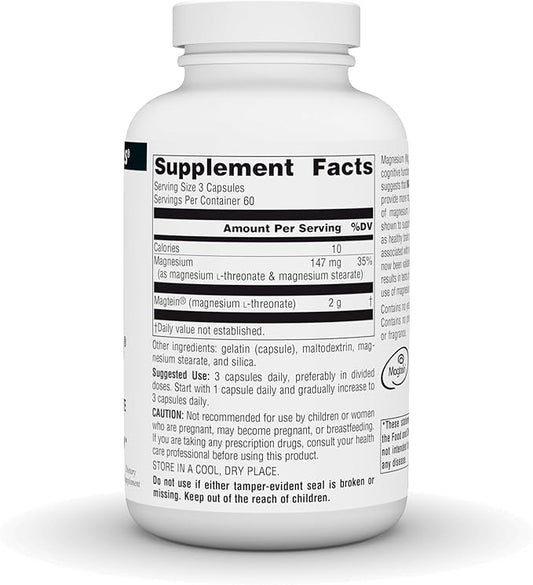 Source Naturals Magtein Magnesium L-Threonate, 667mg, Supports Focus, Mood, Healthy Memory, Cognitive Function - 180 Capsules
