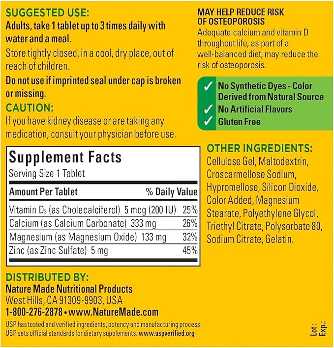 Nature Made Calcium, Magnesium & Zinc w. Vitamin D Tablets Value Size 300 Ct (3 Pack of 300)(Packaging may vary)