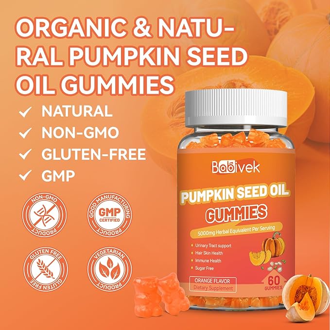 Sugar Free Pumpkin Seed Oil Gummies - 5000mg Per Serving with Saw Palmetto, Organic Pumpkin Seed Oil Supplement for Hair Growth & Skin Health, High Extract for Women and Men, 60 Count
