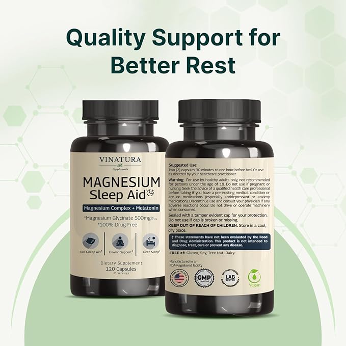 Magnesium Sleep Aid - Magnesium Glycinate Complex for Sleep with Melatonin Supplement - Glycinate 500mg, L-Theanine - 120 Capsules