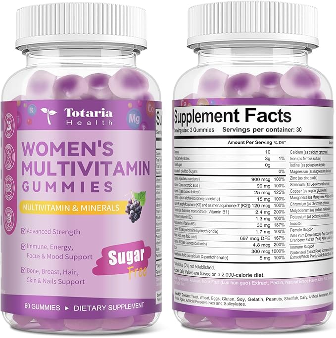 Totaria (2 Pcs) Sugar Free Multivitamin Gummies for Women 14+ w/Inositol, Iron, Folate, Biotin, Womens Daily Multivitamin Gummy w/Vitamin A, D, C, B, Support Hair, Skin, Energy, Immune, Grape Flavor
