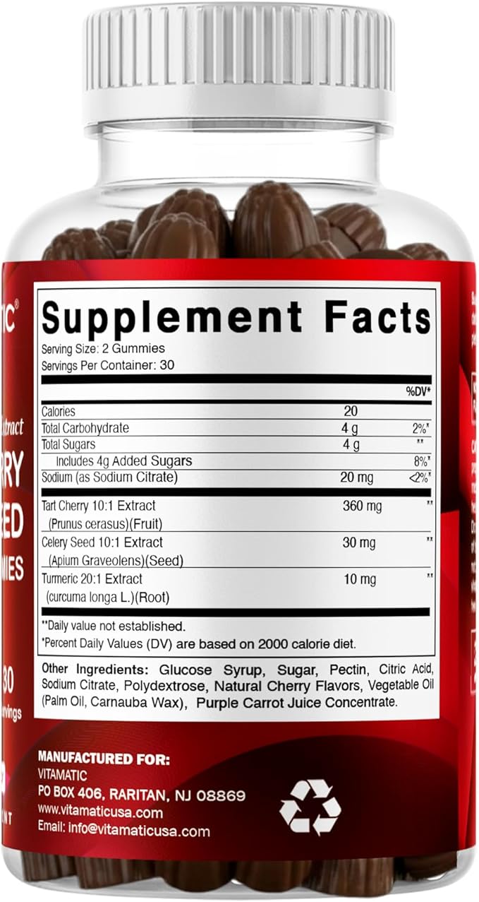 Vitamatic Tart Cherry (360 mg) with Celery Seed (30 mg) 10:1 Extract & Turmeric 20:1 Extract (10 mg) - (Per Serving/2 Gummies) - 60 Gummies (Pack of 2)