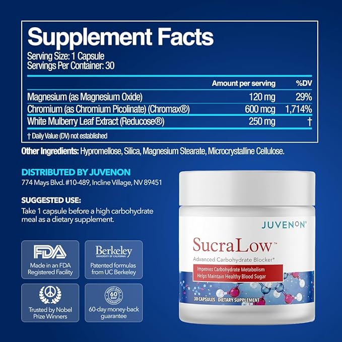Juvenon SucraLow Advanced Carb Blocker – Supports Blood Sugar, Reduces Carb & Starch Absorption, Aids Metabolism & Limits Fat Storage – Mealtime Supplement for High-Carb Meals (30 Capsules)
