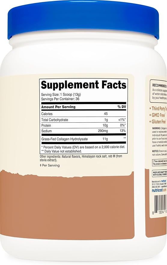 Nutricost Collagen Peptides Powder 1LB (454 G) (Salted Caramel) - Grass Fed Bovine Collagen Hydrolysate