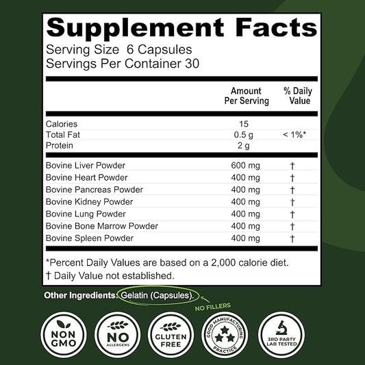 Beef Organ Supplement Grass Fed - 7 Beef Organs Complex from New Zealand - Liver Heart Pancreas Kidney Lung Spleen Bone Marrow - Non-GMO, No Fillers, Hormone & Antibiotic Free - Carnivore Diet - 180ct