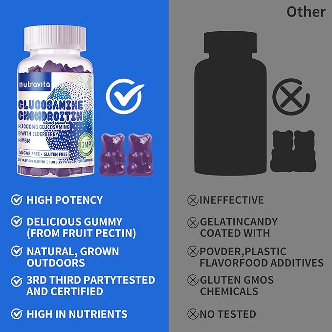 Nutravita Glucosamine Chondroitin Gummies with MSM & Elderberry Extra Strength - Joint Support, Antioxidant Immune Support Supplement for Adults, Men & Women.120 Blueberry Chews