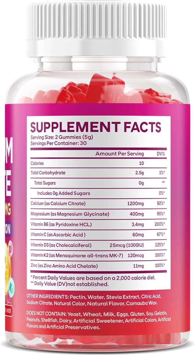 Calcium Citrate Gummies 1200mg, High Absorption Calcium Supplements for Women & Men, Sugar Free Calcium Gummies for B0ne, Muscle & Immune Support, Non-GMO, Vegan, Raspberry Flavor, 60 Count
