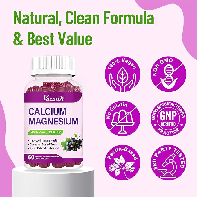 Calcium Magnesium Zinc Gummies with Vitamin D3 and K2, High Absorption Magnesium Glycinate Potassium for Immune and Muscles, Vegan Elderberry Flavor 120 Gummies