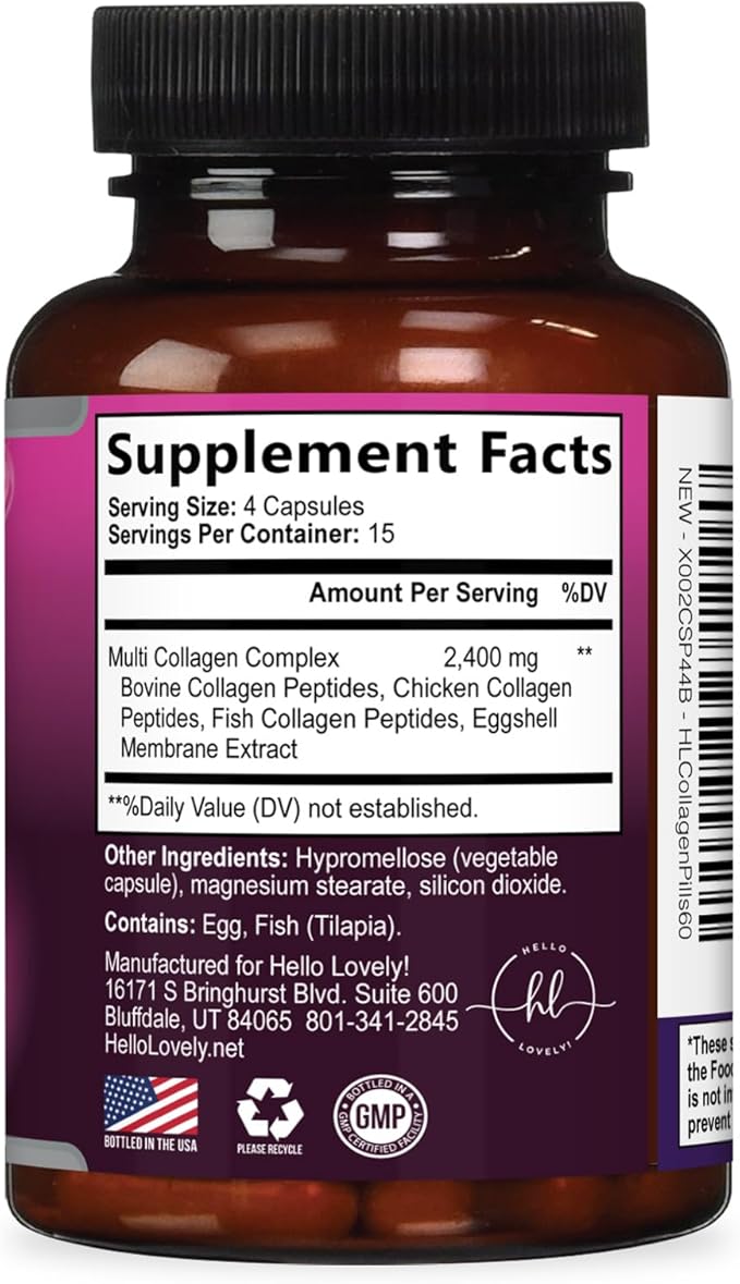 Multi Collagen Peptides Complex - Advanced Hydrolyzed Collagen Supplement Pills with Type I, II, III, V & X - Hair, Skin, Nail & Joint Support Supplement for Women & Men - USA Bottled - 60 Capsules