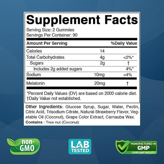 Vitabod Melatonin 20mg Gummies - 180 Count - Drug Free - Natural Strawberry Flavor - Vegetarian, Non-GMO, Gluten Free (2 Bottles)