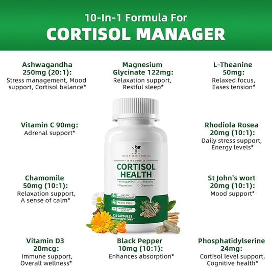 Cortisol Supplements for Women/Men - 10 in 1 Cortisol Manager Reducer Lower Detox Balance with Magnesium, Ashwagandha, L-Theanine for Stress, Sleep, Calm, Mood Support - 60 Capsules for 30 Days