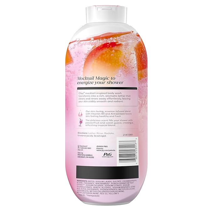 Olay Body Wash for Women, 24/7 Skin-Loving Freshness, Miami Mocktails, Plant Based Cleansers, Vitamin B3 & Antioxidant Blend, All Skin Types, Berry Passionate with Passionfruit & Guava Scent, 22 fl oz