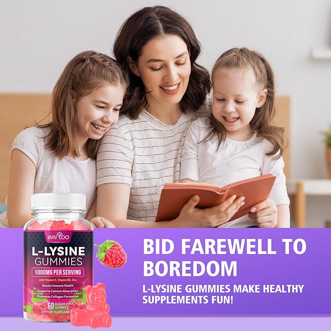 L-Lysine 1000mg Gummies for Immune Support & Skin Health - High Potency Vegan, Sugar-Free, Gluten-Free Supplement with Natural Raspberry Flavor for Adults & Kids - 120 Gummies